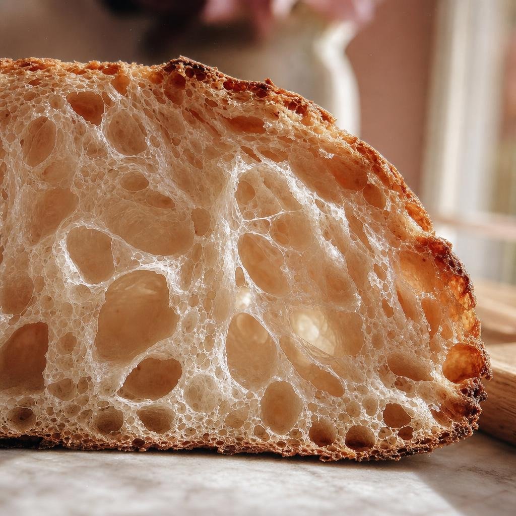 Close-up of the open crumb inside a slice of sourdough